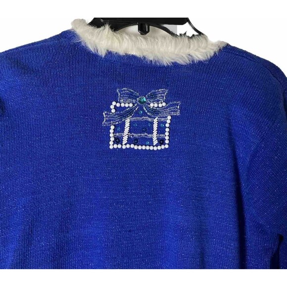 L James Closet Blue Women Ugly Christmas Sweater With Button Ramie/cotton - Picture 6 of 6